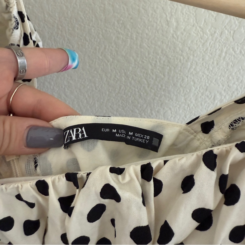 Zara Ruched Polka Dot Puff Sleeve Black & White Mini Dress retro cottagecore - Picture 3 of 7